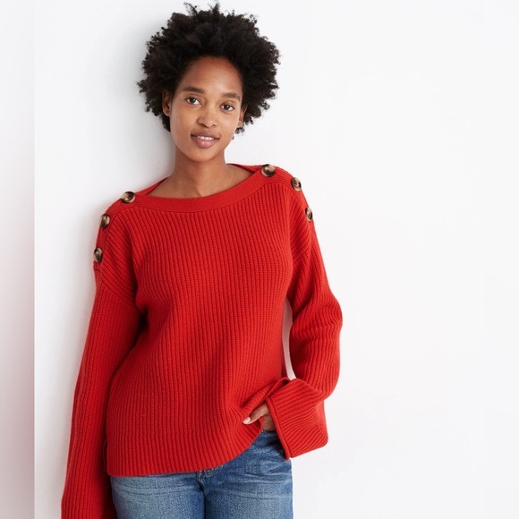 Madewell Sweaters - Madewell merino wool blend red ribbed sweater buttons Calloway Boatneck Pullover